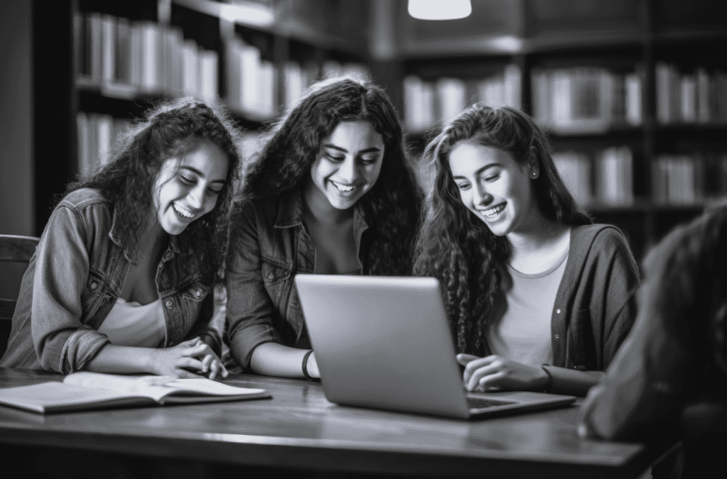 3 unge kvinder studerer sammen med bærbar og notesblok på et skrivebord i et bibliotek