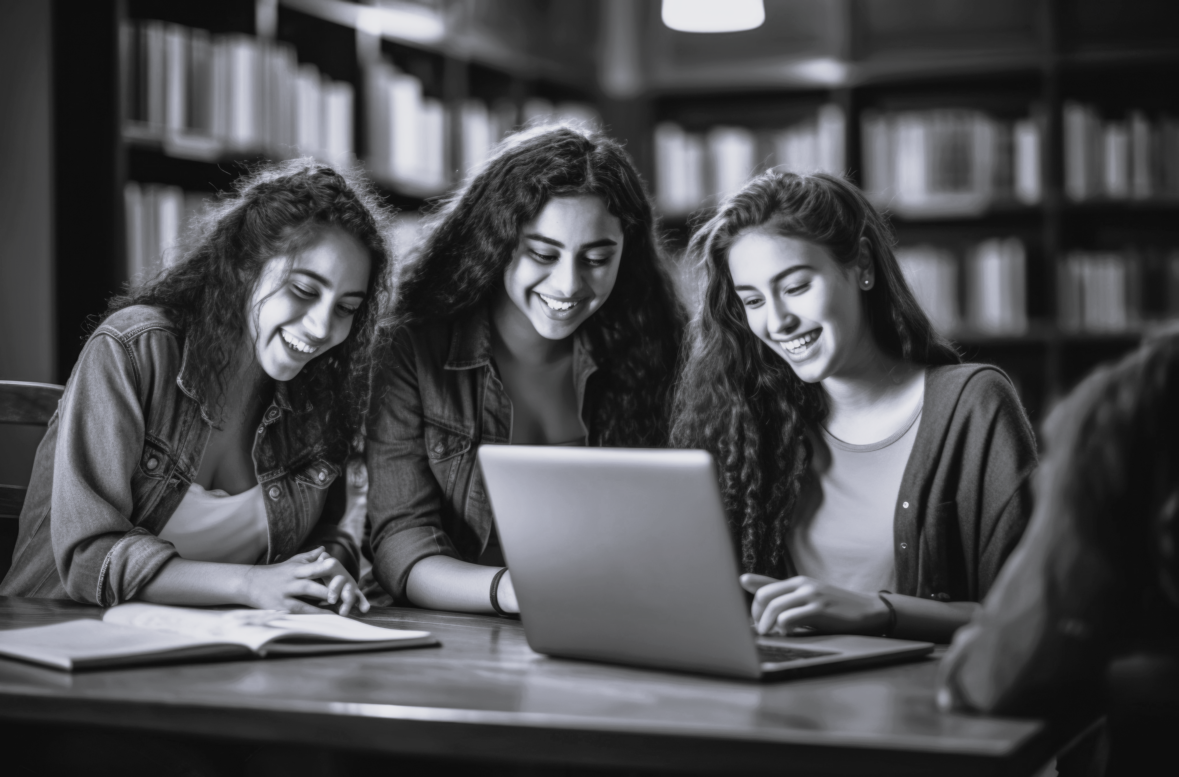 3 unge kvinder studerer sammen med bærbar og notesblok på et skrivebord i et bibliotek
