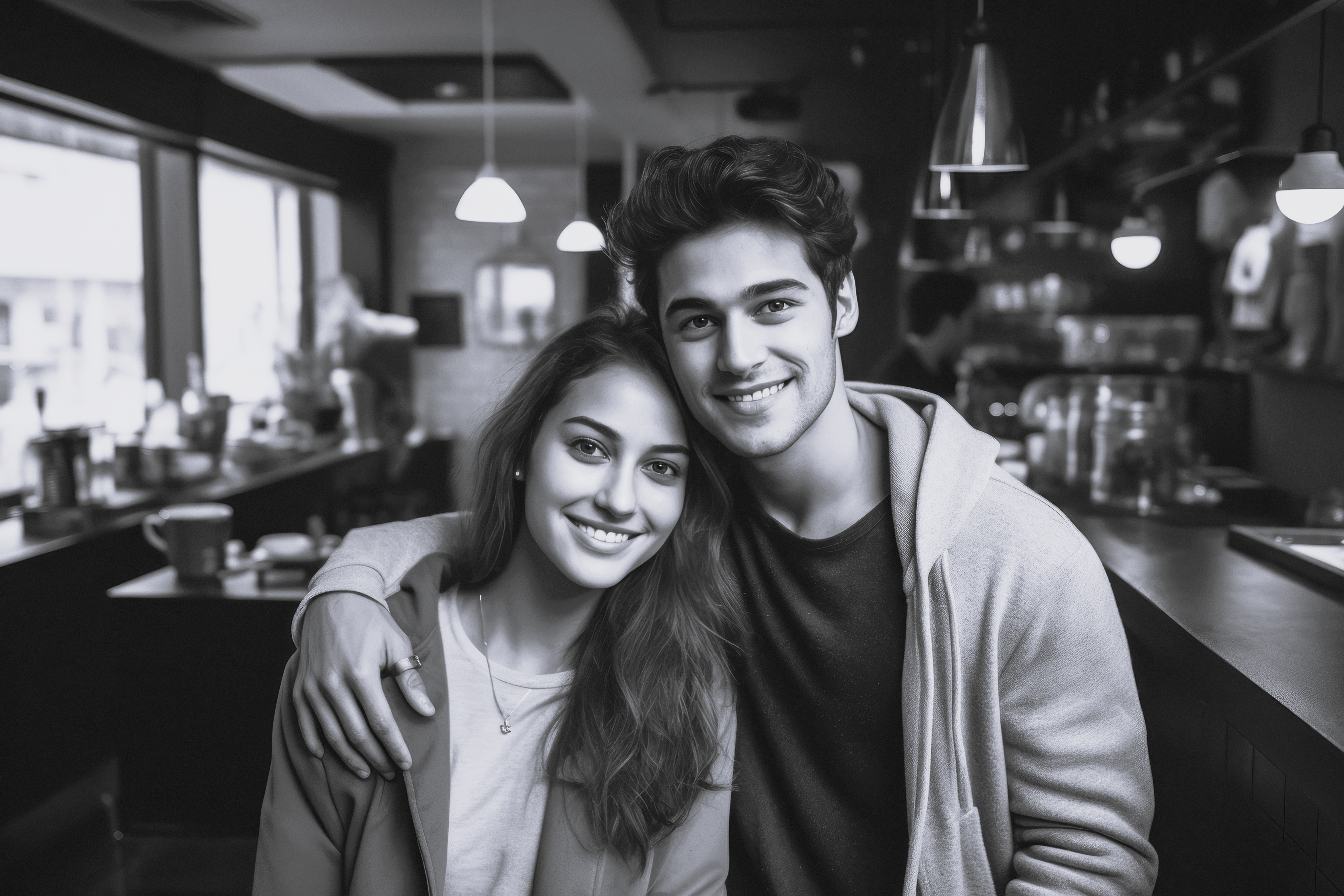 Ungt etnisk par smiler i cafe